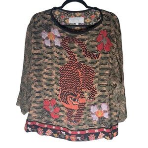 VTG 90s Dorothy Schoelen Platinum Top Tibetan Tiger Art to wear Women’s Large